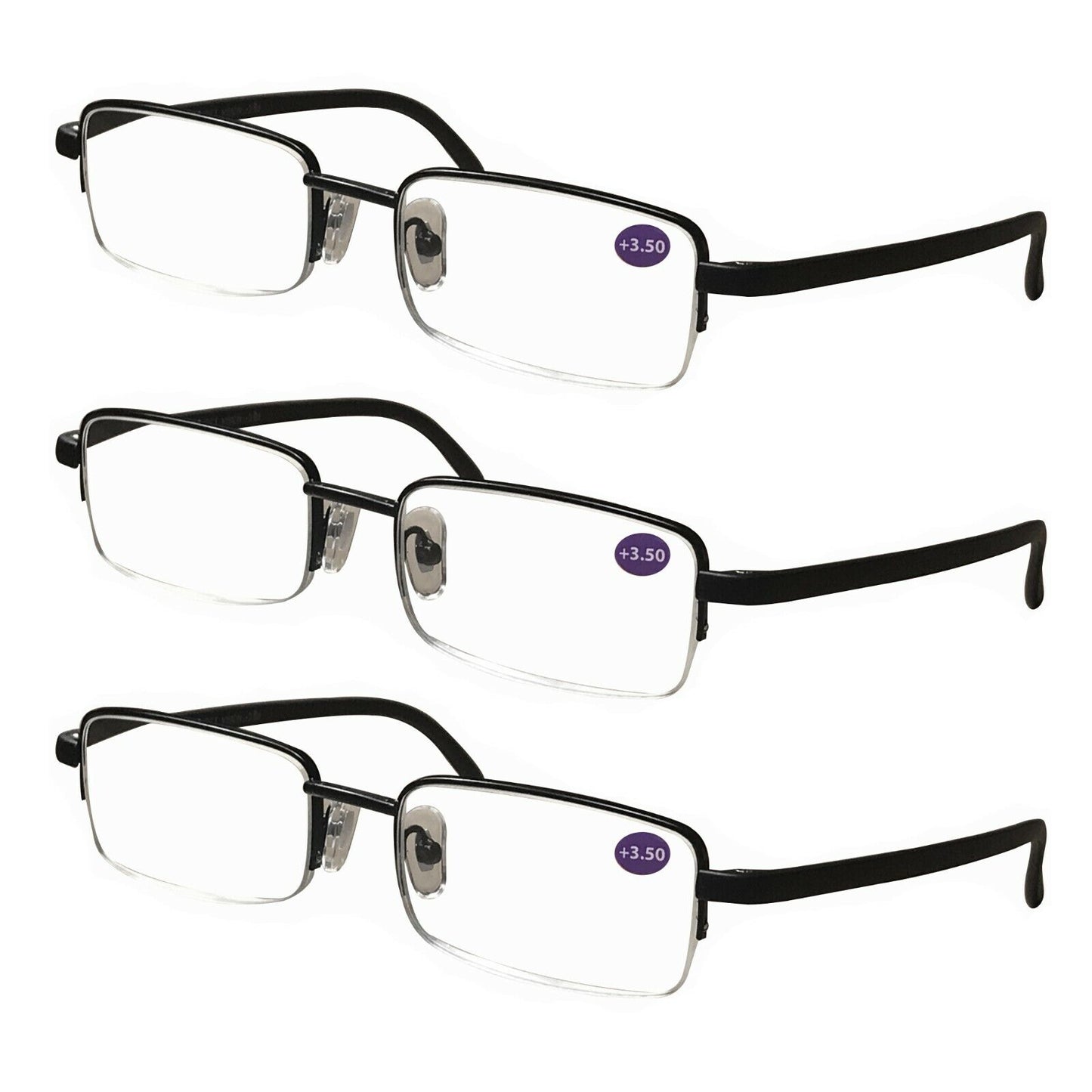 3 Pairs Mens Half Frame Rectangular Reading Glasses Classic Lightweight Readers