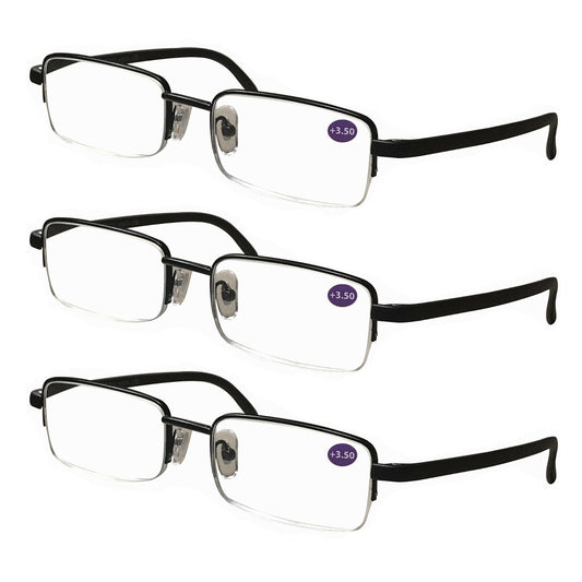 3 Pairs Mens Half Frame Rectangular Reading Glasses Classic Lightweight Readers