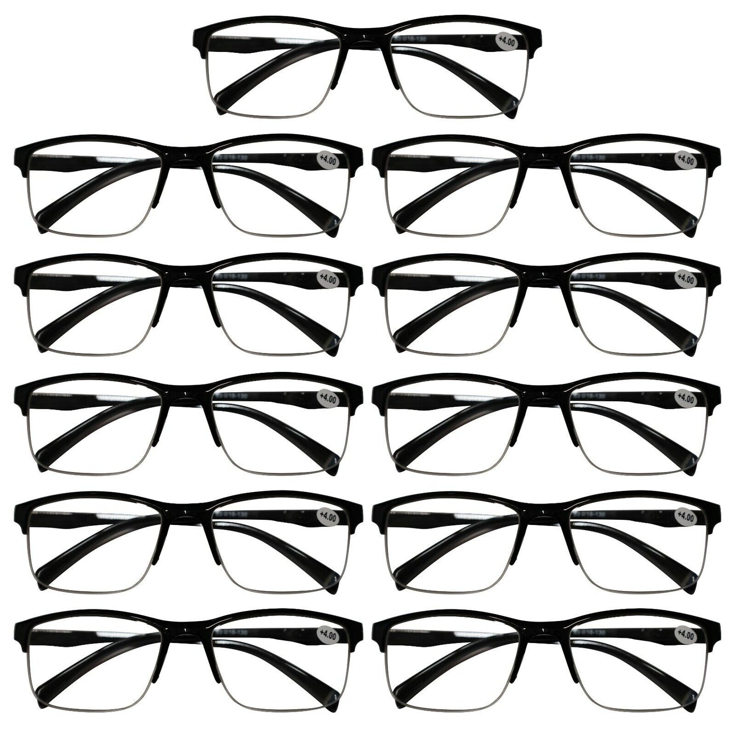 11 Pack Mens Unisex Half Frame Square Reading Glasses Black Spring Hinge Readers