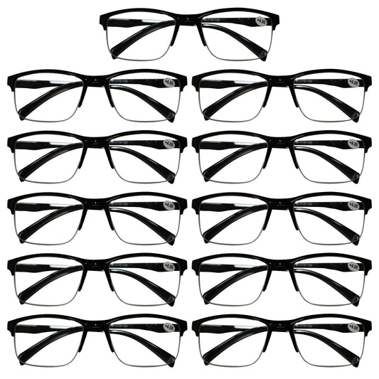 11 Pack Mens Unisex Half Frame Square Reading Glasses Black Spring Hinge Readers