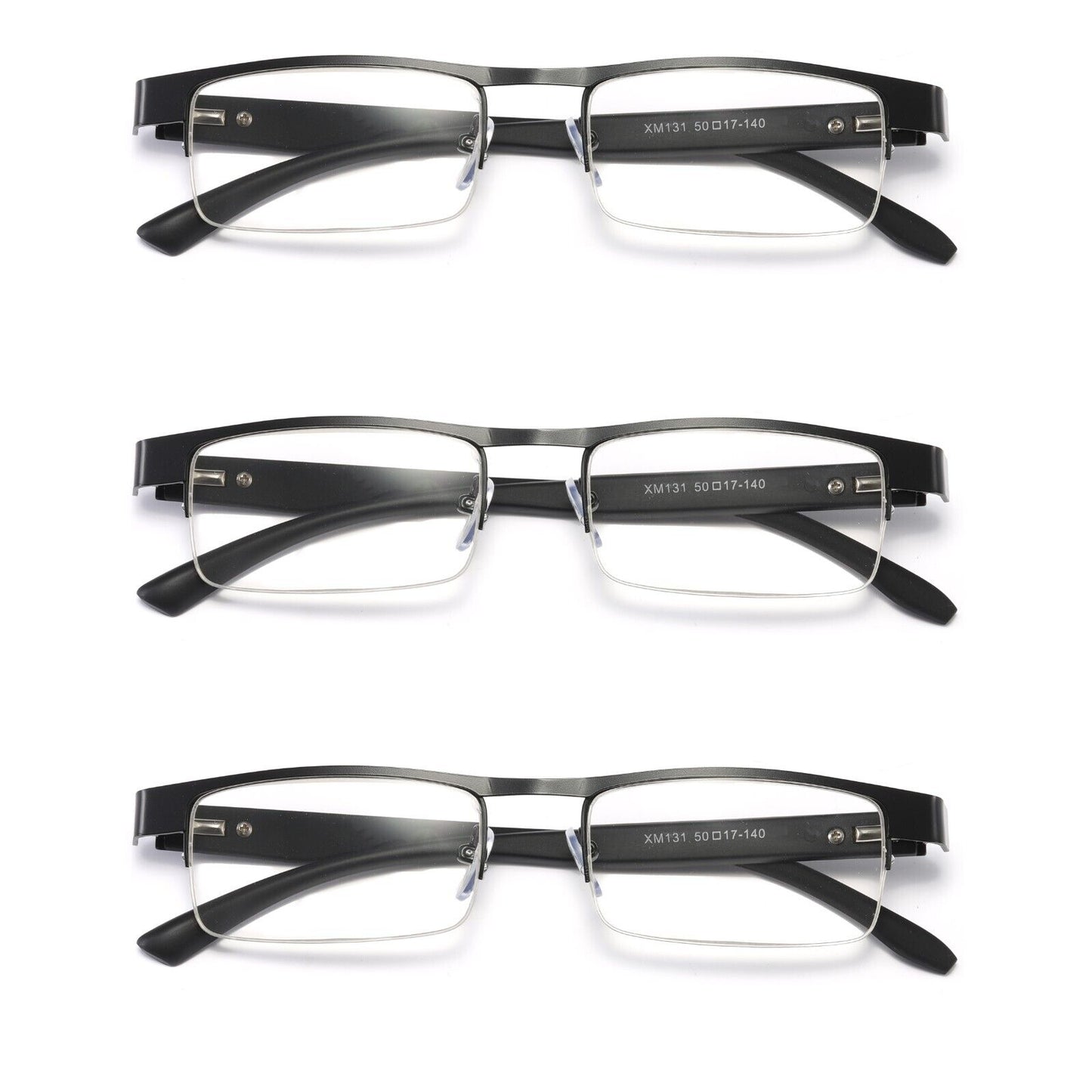 3 Pair Mens Metal Half Frame Rectangle Reading Glasses Spring Hinge Slim Readers