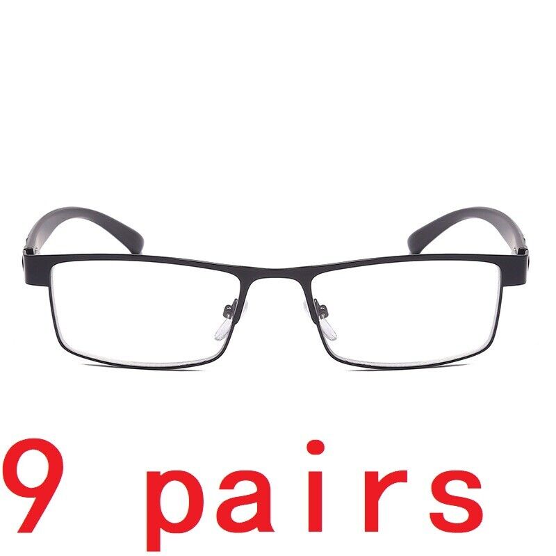 9 Pack Men Classic Style Square Metal Frame Reading Glasses Spring Hinge Readers