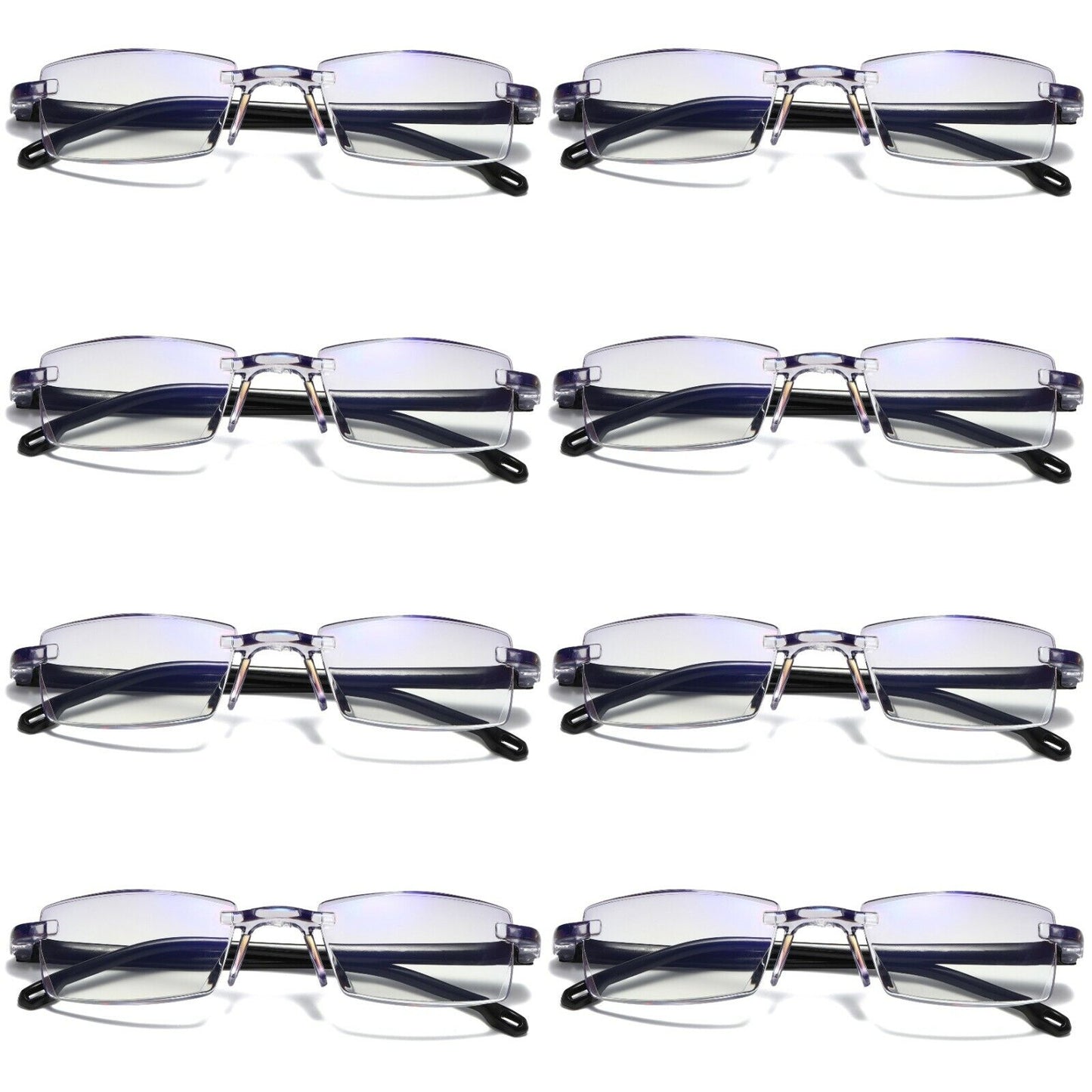 8 PK Mens Rectangular Rimless Blue Light Blocking Reading Glasses Unisex Readers