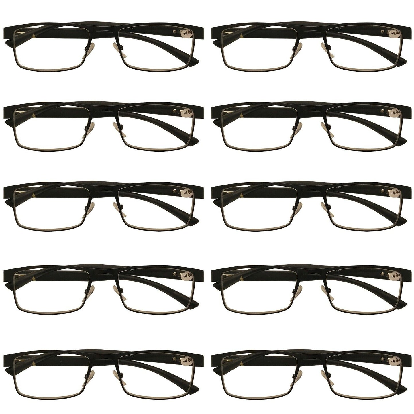 10 Packs Mens Rectangle Metal Frame Reading Glasses Black Spring Hinge Readers