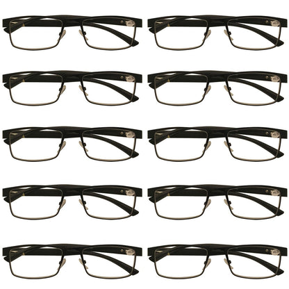 10 Packs Mens Rectangle Metal Frame Reading Glasses Black Spring Hinge Readers