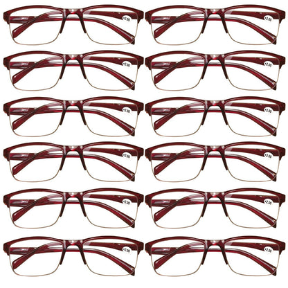 12Pair Womens Half Frame Square Classic Reading Glasses Red Spring Hinge Readers