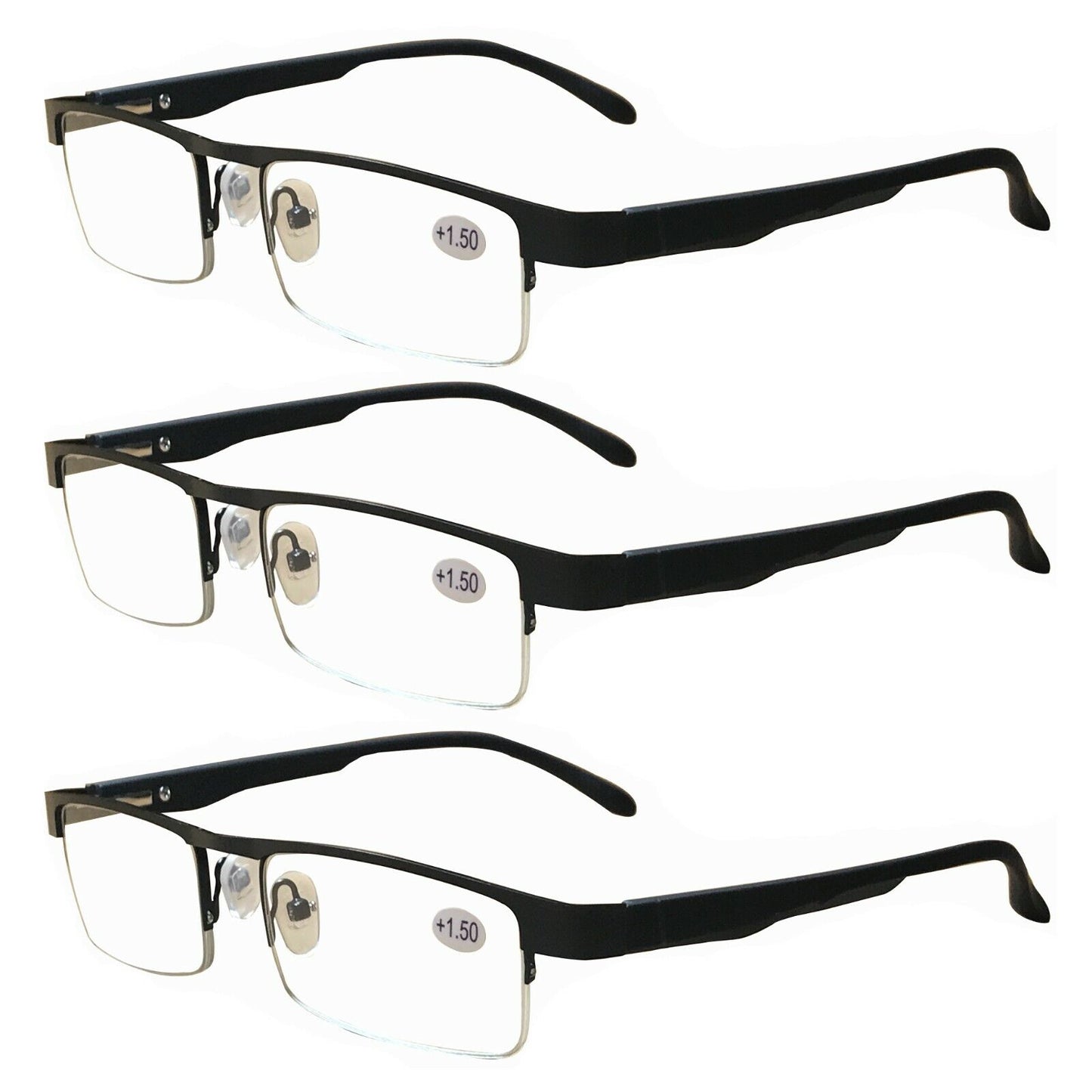 3 Pairs Mens Metal Black Frame Rectangular Reading Glasses Spring Hinge Readers