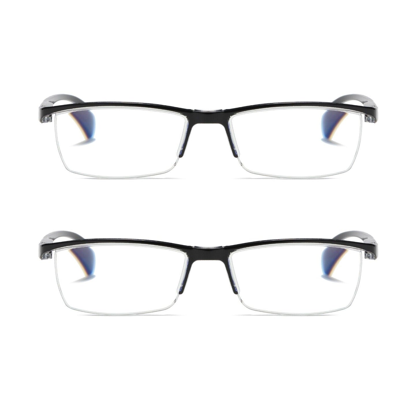 2 PK Mens Half Frame Spring Hinge Reading Glasses Blue Light Blocking Readers