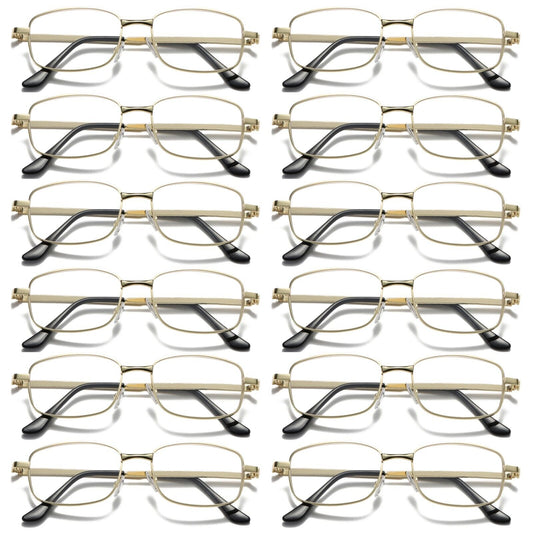 12Pair Mens Square Metal Frame Golden Reading Glasses Classic Readers Eyeglasses