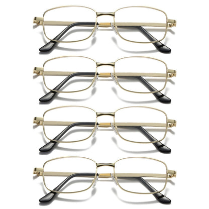 4 Pair Mens Square Metal Frame Golden Reading Glasses Classic Readers Eyeglasses