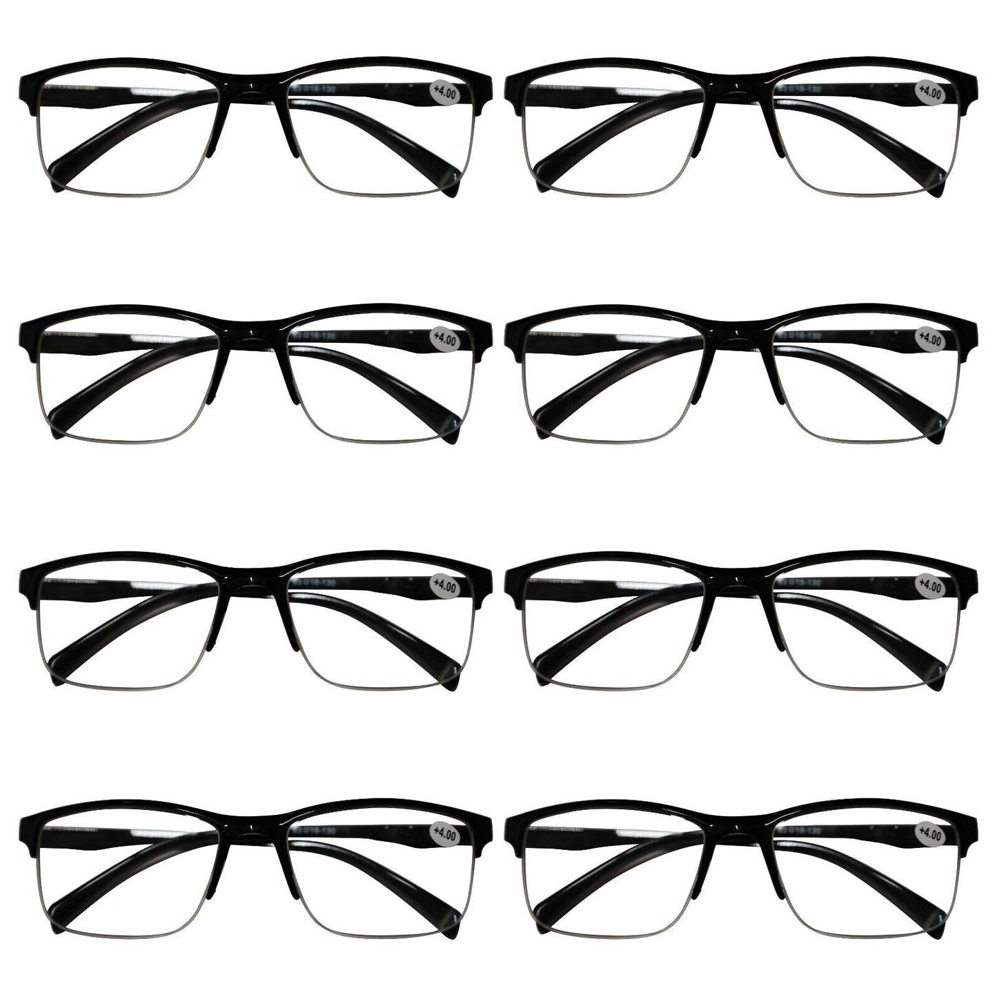 8 Packs Mens Unisex Half Frame Square Reading Glasses Black Spring Hinge Readers