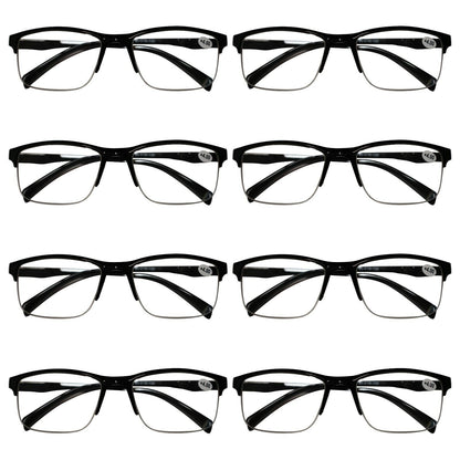 8 Packs Mens Unisex Half Frame Square Reading Glasses Black Spring Hinge Readers