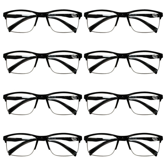 8 Packs Mens Unisex Half Frame Square Reading Glasses Black Spring Hinge Readers