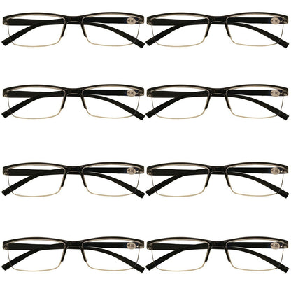 8 Packs Mens Rectangle Half Frame Reading Glasses Blue Light Blocking Readers