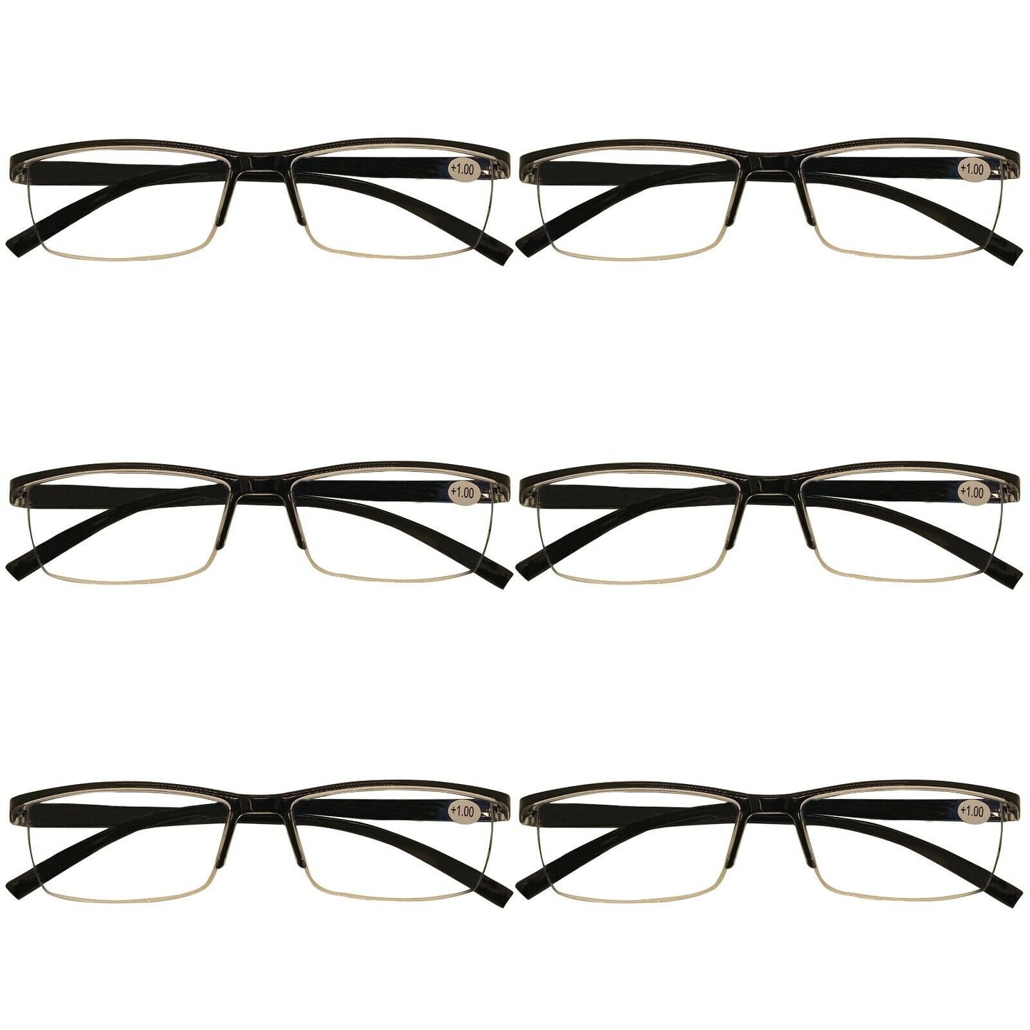 B and Q 6 Pack Mens Rectangular Half Frame Blue Light Blocking Reading Glasses Black Spring Hinge Readers