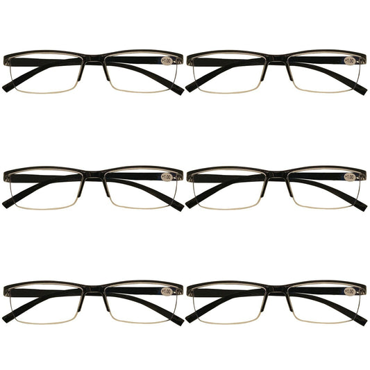 B and Q 6 Pack Mens Rectangular Half Frame Blue Light Blocking Reading Glasses Black Spring Hinge Readers