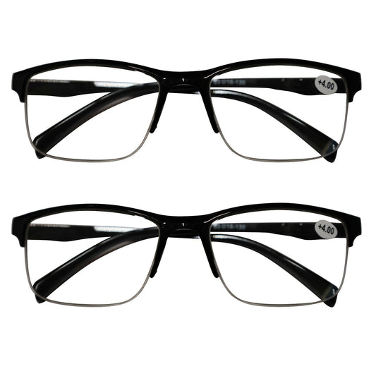 2 Packs Mens Unisex Half Frame Square Reading Glasses Black Spring Hinge Readers