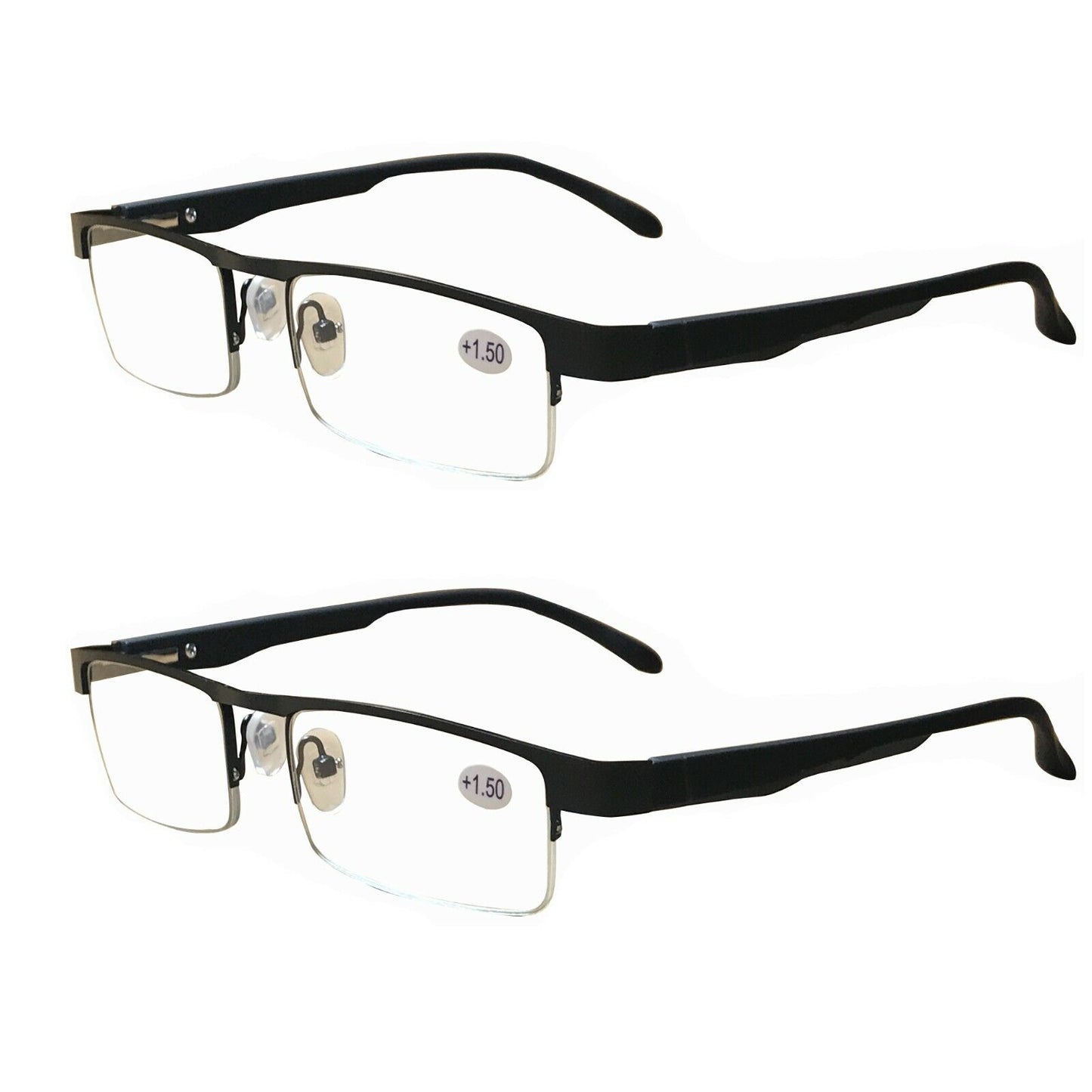 2 Pairs Mens Metal Black Frame Rectangular Reading Glasses Spring Hinge Readers