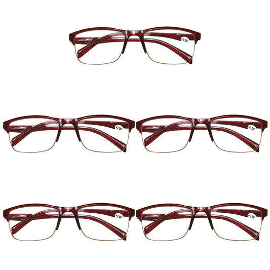 5 Pair Womens Half Frame Square Classic Reading Glasses Red Spring Hinge Readers