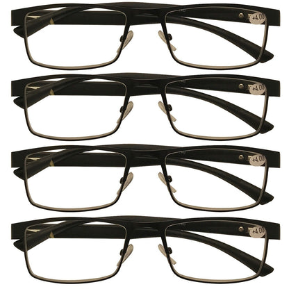 4 Packs Mens Rectangle Metal Frame Reading Glasses Black Spring Hinge Readers