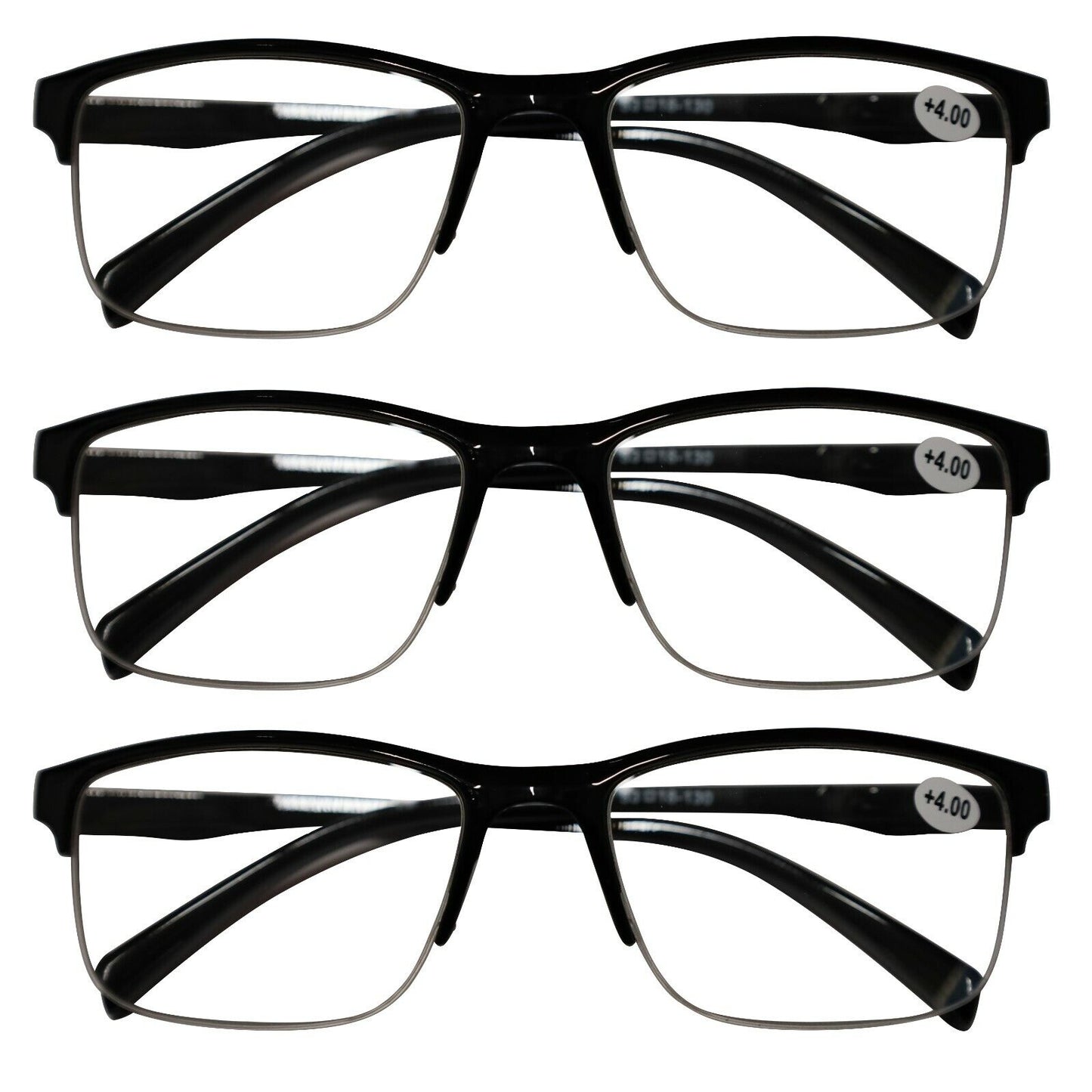 3 Packs Mens Unisex Half Frame Square Reading Glasses Black Spring Hinge Readers