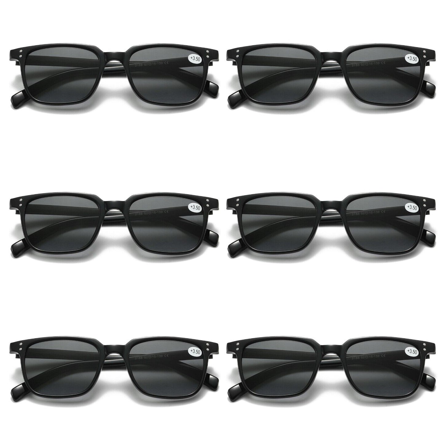 6 PK Unisex Full Lens Tinted Sun Readers Reading Sunglasses UV400 Black Frame