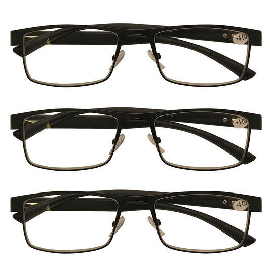 3 Packs Mens Rectangle Metal Frame Reading Glasses Black Spring Hinge Readers