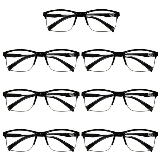 7 Packs Mens Unisex Half Frame Square Reading Glasses Black Spring Hinge Readers