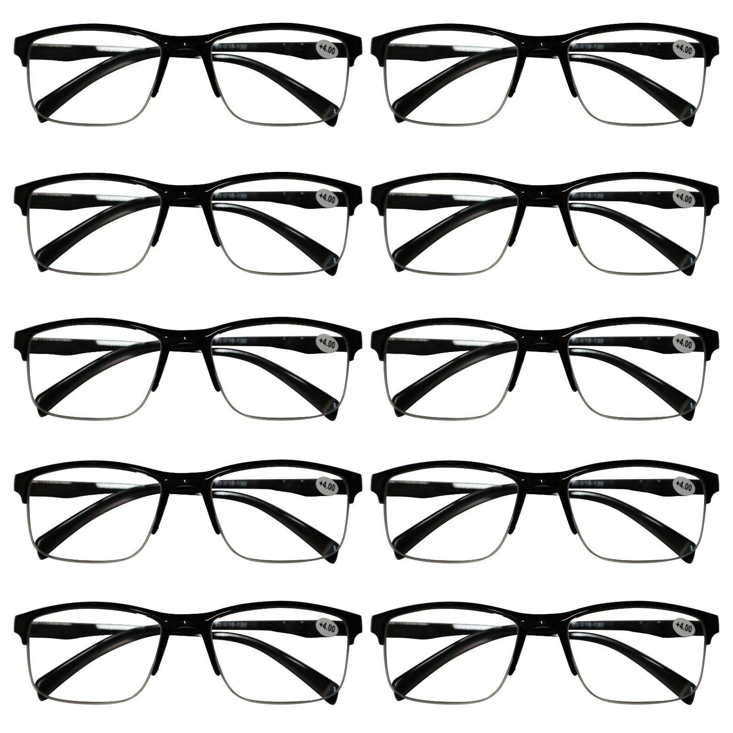 10 Pack Mens Unisex Half Frame Square Reading Glasses Black Spring Hinge Readers