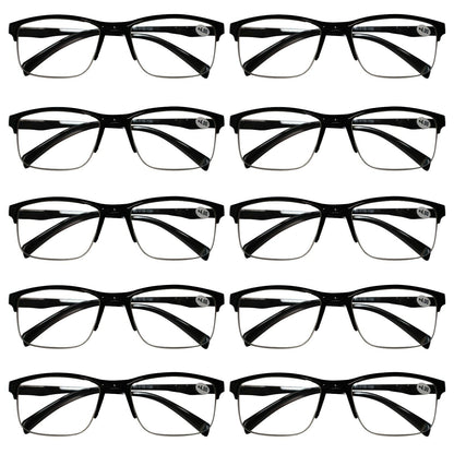 10 Pack Mens Unisex Half Frame Square Reading Glasses Black Spring Hinge Readers