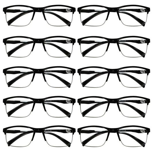 10 Pack Mens Unisex Half Frame Square Reading Glasses Black Spring Hinge Readers