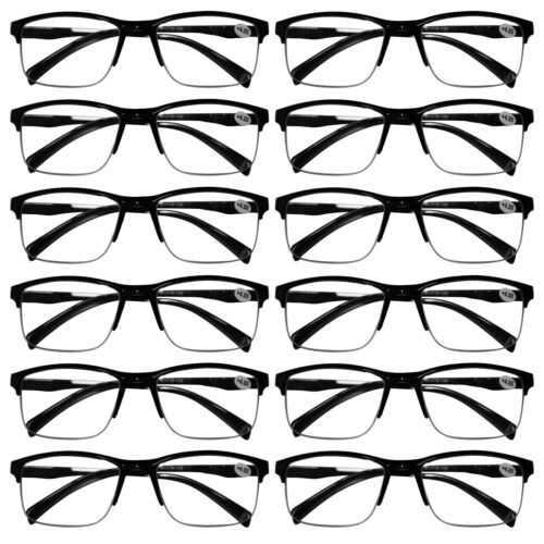 12 Pack Mens Unisex Half Frame Square Reading Glasses Black Spring Hinge Readers