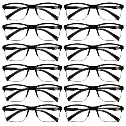 12 Pack Mens Unisex Half Frame Square Reading Glasses Black Spring Hinge Readers