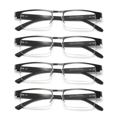 4 Pair Mens Metal Half Frame Rectangle Reading Glasses Spring Hinge Slim Readers