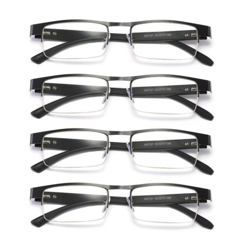 4 Pair Mens Metal Half Frame Rectangle Reading Glasses Spring Hinge Slim Readers